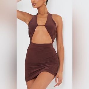 PrettyLittleThing Chocolate Halterneck Bust Slinky Detail Mini Dress Size 4